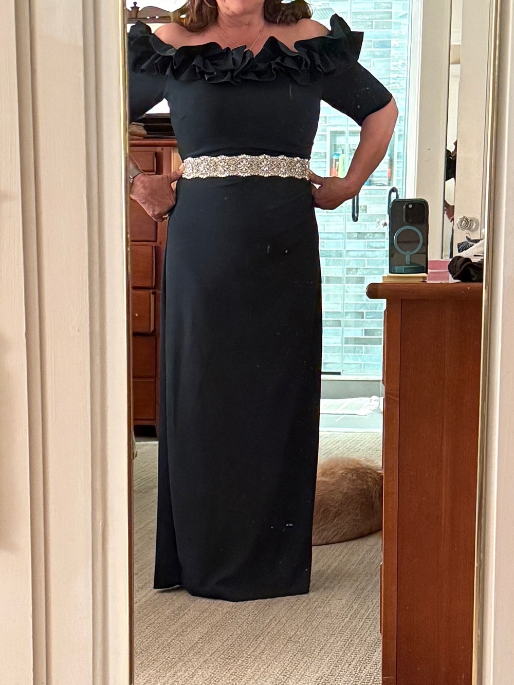 Xscape Pine green Off-Shoulder Ruffle Evening Gown. Crystal belt separate.